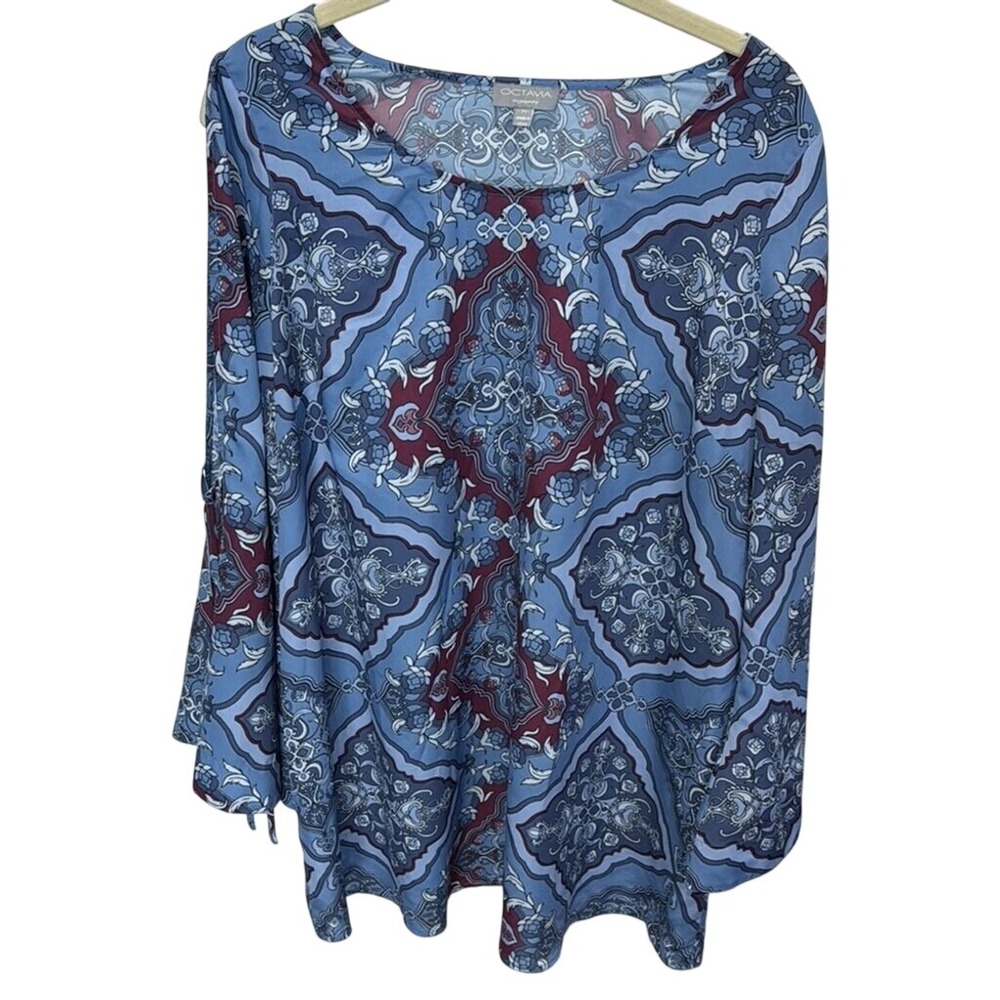 Octavia Maternity Blue Purple Boho Print Open Tie Sleeves Women's Medium